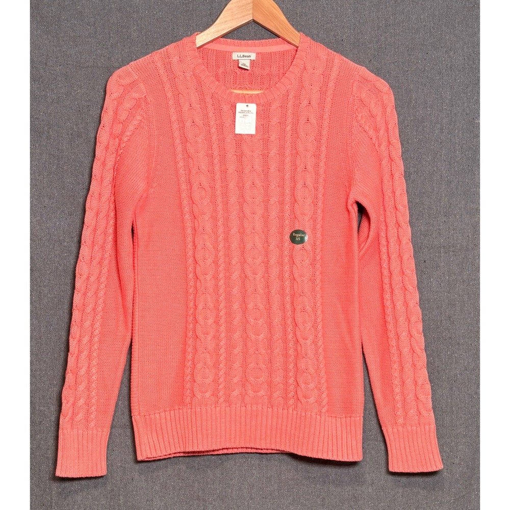 LL Bean Double L Mixed Cable Crewneck Sweater Warm Coral 298839‎ Womens XS NEW